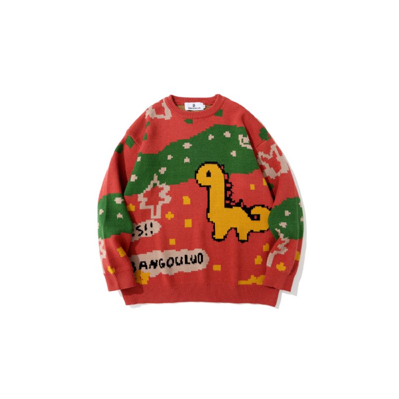 Casual Losse Herensweater Met Ronde Hals En Dinosaurusprint