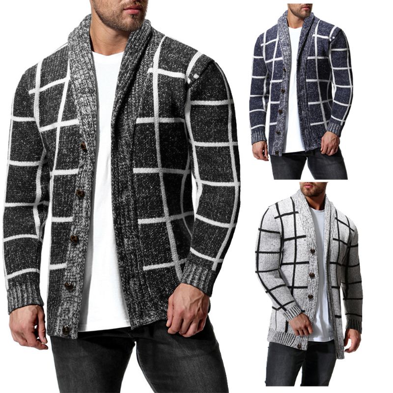 Heren Winter Kleur Matching Plaid Cardigan Sweater