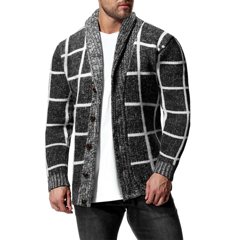 Heren Winter Kleur Matching Plaid Cardigan Sweater