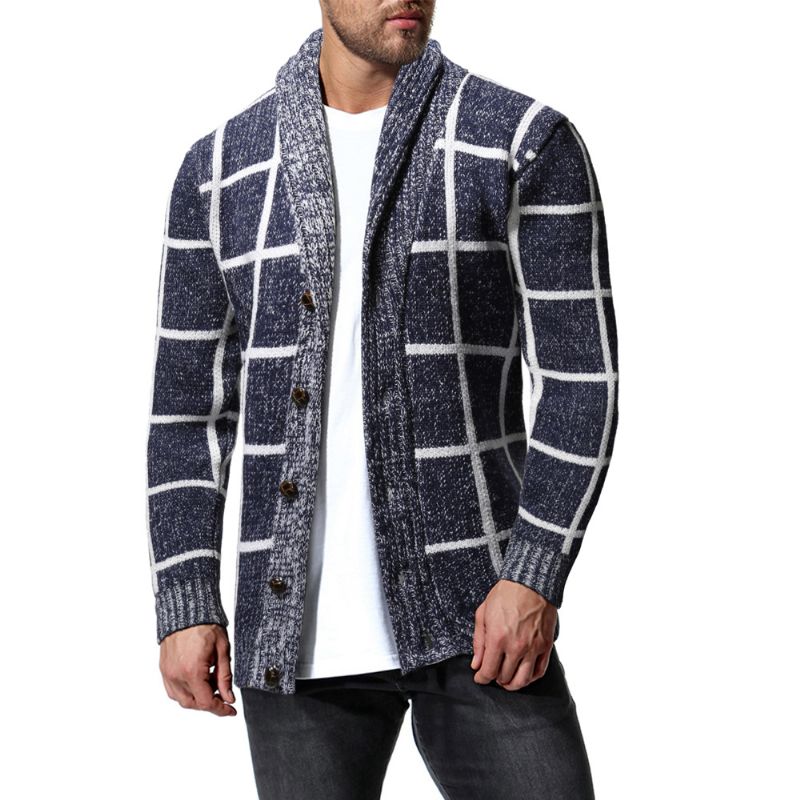 Heren Winter Kleur Matching Plaid Cardigan Sweater