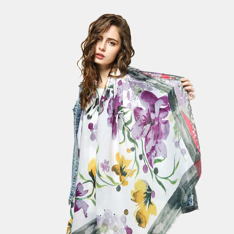 Vrouwen Lente Herfst Katoen Bloemenprint Zijden Sjaals Hijab Sjaal Zachte Dunne Super Lange Kleur Hoofd Sjaals Halsdoek