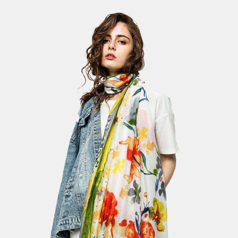 Vrouwen Lente Herfst Katoen Bloemenprint Zijden Sjaals Hijab Sjaal Zachte Dunne Super Lange Kleur Hoofd Sjaals Halsdoek