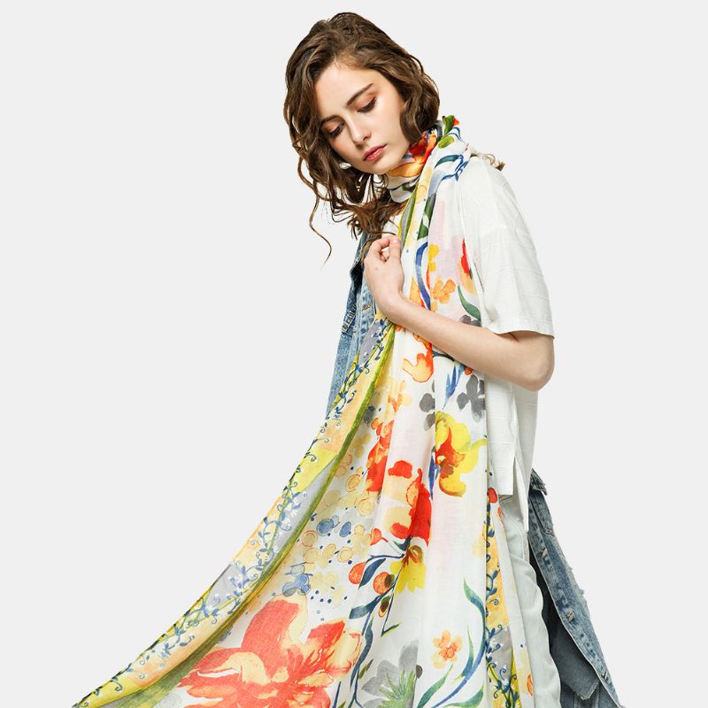 Vrouwen Lente Herfst Katoen Bloemenprint Zijden Sjaals Hijab Sjaal Zachte Dunne Super Lange Kleur Hoofd Sjaals Halsdoek