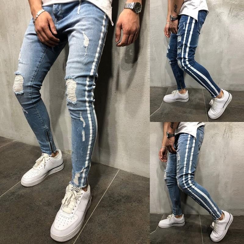 Gescheurde Side Gestreepte Jeans Mode Streetwear Heren Skinny Stretch Jeans Broek Slanke Casual Denim Jeans Jeans Hombre