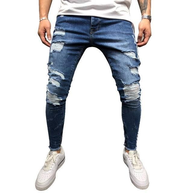 Gescheurde Side Gestreepte Jeans Mode Streetwear Heren Skinny Stretch Jeans Broek Slanke Casual Denim Jeans Jeans Hombre