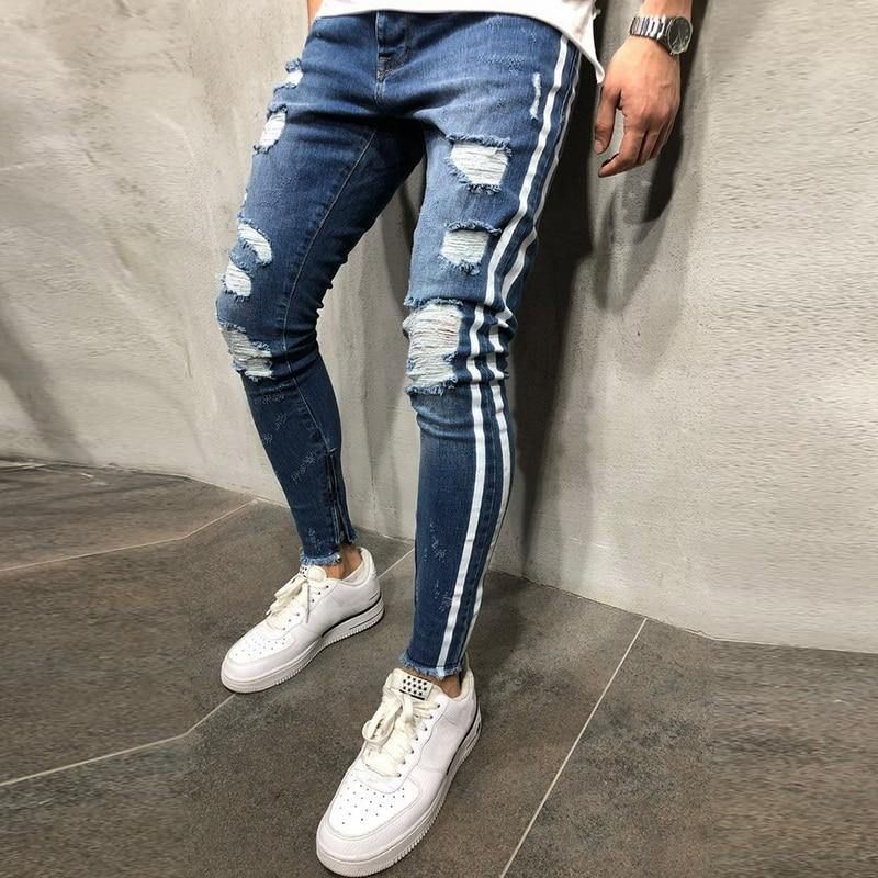 Gescheurde Side Gestreepte Jeans Mode Streetwear Heren Skinny Stretch Jeans Broek Slanke Casual Denim Jeans Jeans Hombre