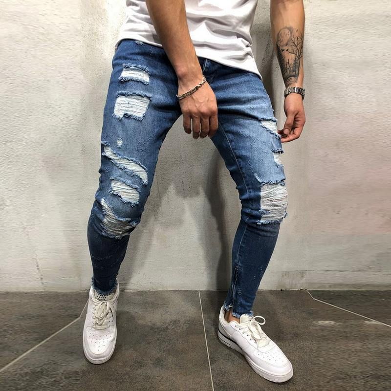 Gescheurde Side Gestreepte Jeans Mode Streetwear Heren Skinny Stretch Jeans Broek Slanke Casual Denim Jeans Jeans Hombre