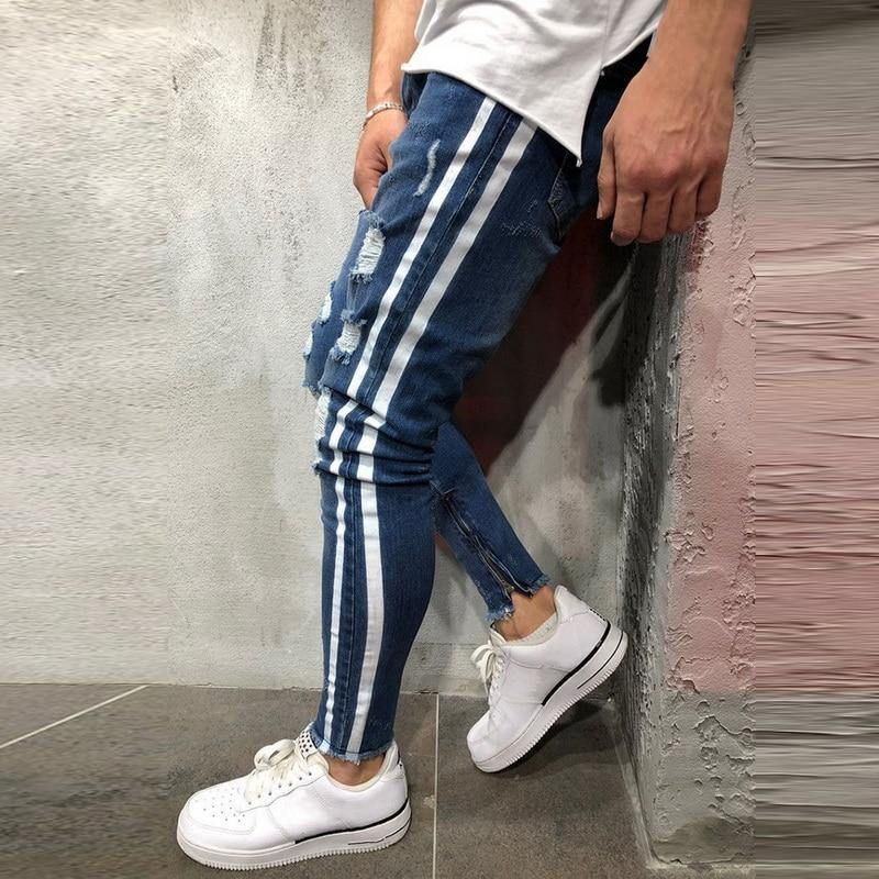 Gescheurde Side Gestreepte Jeans Mode Streetwear Heren Skinny Stretch Jeans Broek Slanke Casual Denim Jeans Jeans Hombre