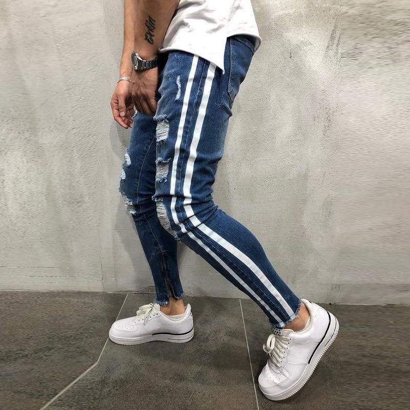 Gescheurde Side Gestreepte Jeans Mode Streetwear Heren Skinny Stretch Jeans Broek Slanke Casual Denim Jeans Jeans Hombre