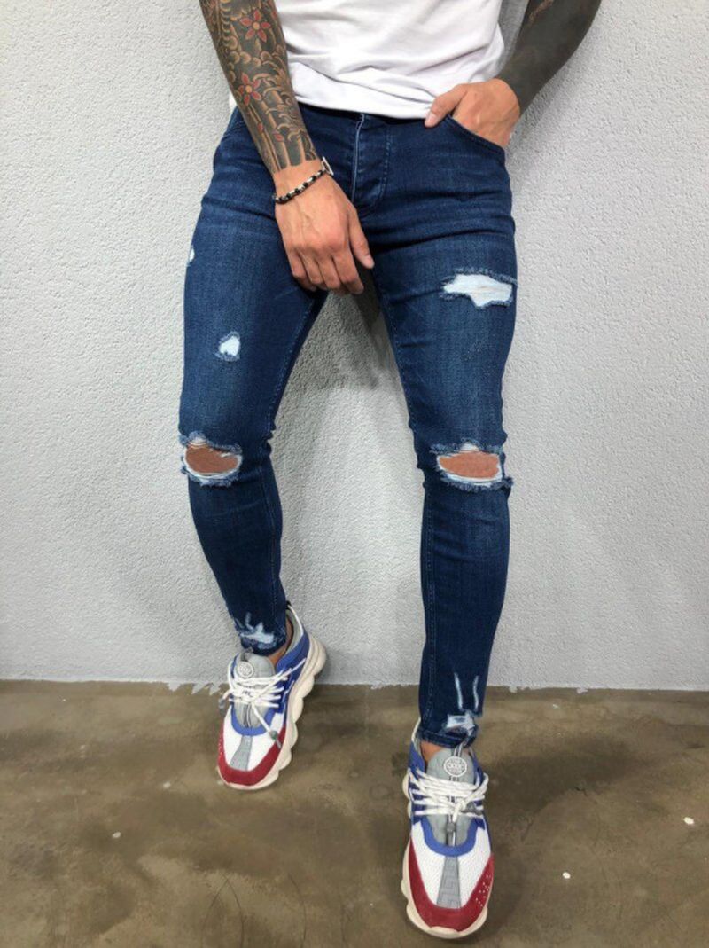 Heren Gescheurde Elastische Voeten Gescheurde Nieuwe Hot Style Trendy Jeans