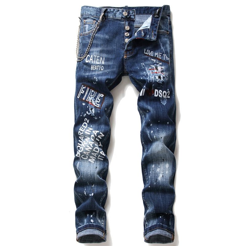 Heren Jeans Beroemde D2 Heren Slim Jeans Broek Heren Denim Broek Rits Blauw Gat Potlood Broek