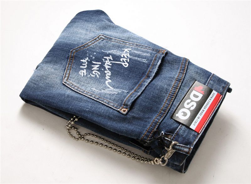 Heren Jeans Beroemde D2 Heren Slim Jeans Broek Heren Denim Broek Rits Blauw Gat Potlood Broek