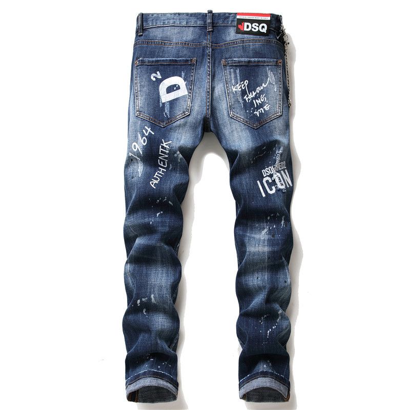 Heren Jeans Beroemde D2 Heren Slim Jeans Broek Heren Denim Broek Rits Blauw Gat Potlood Broek