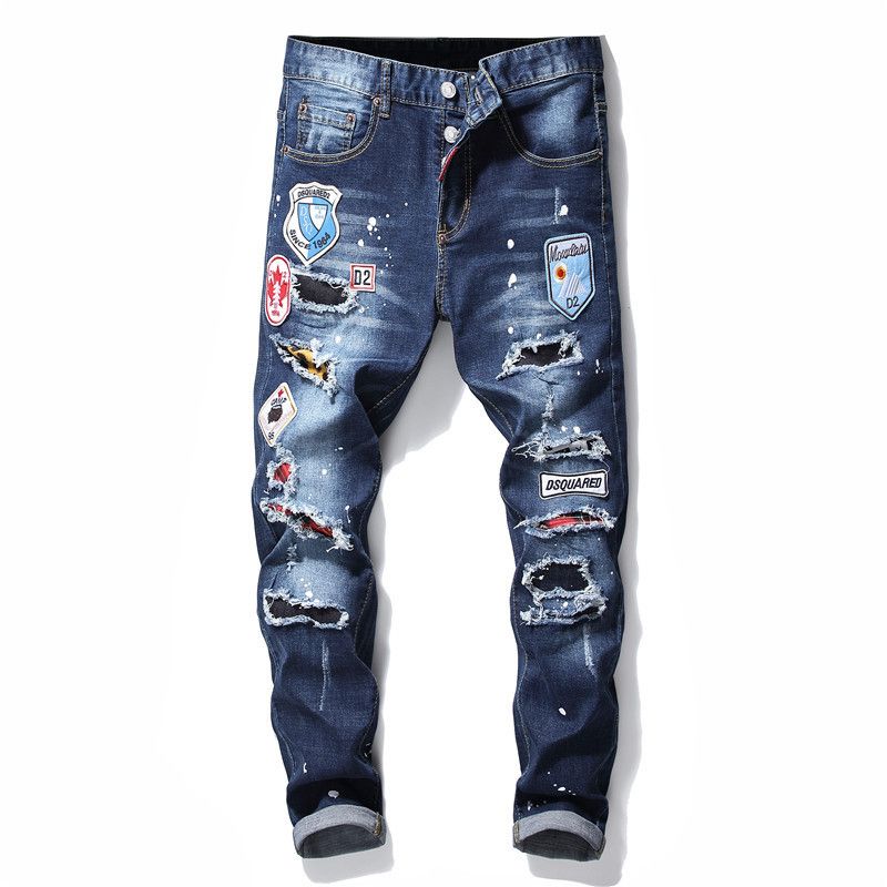 Heren Jeans Beroemde D2 Heren Slim Jeans Broek Heren Denim Broek Rits Blauw Gat Potlood Broek