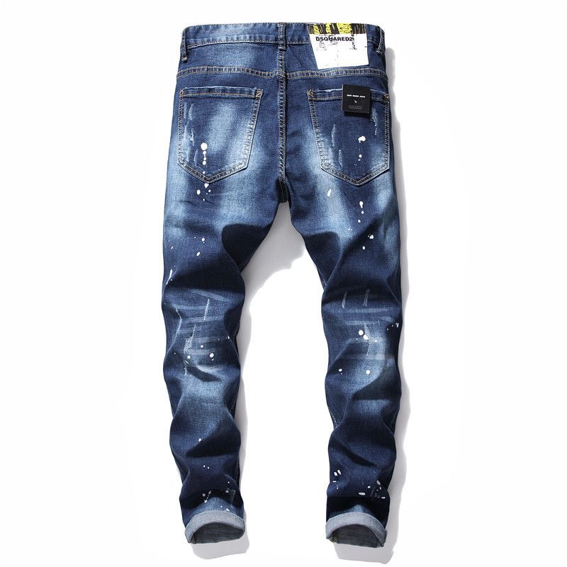 Heren Jeans Beroemde D2 Heren Slim Jeans Broek Heren Denim Broek Rits Blauw Gat Potlood Broek