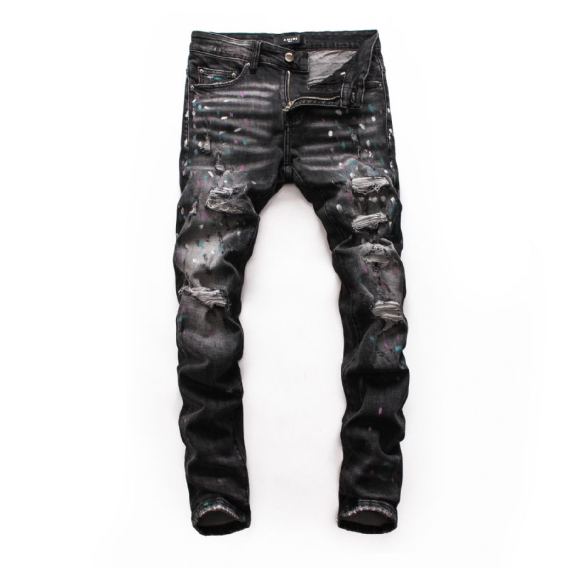 Heren Ripped Patch Jeans Jeugd Slim Broek Bikerbroek Inkjet Persoonlijkheid