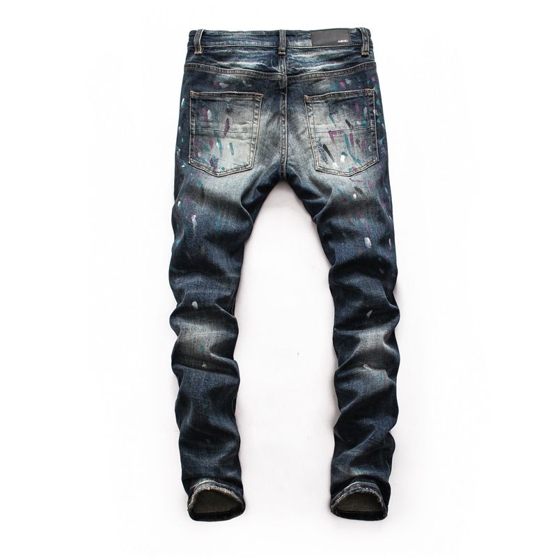 Heren Ripped Patch Jeans Jeugd Slim Broek Bikerbroek Inkjet Persoonlijkheid