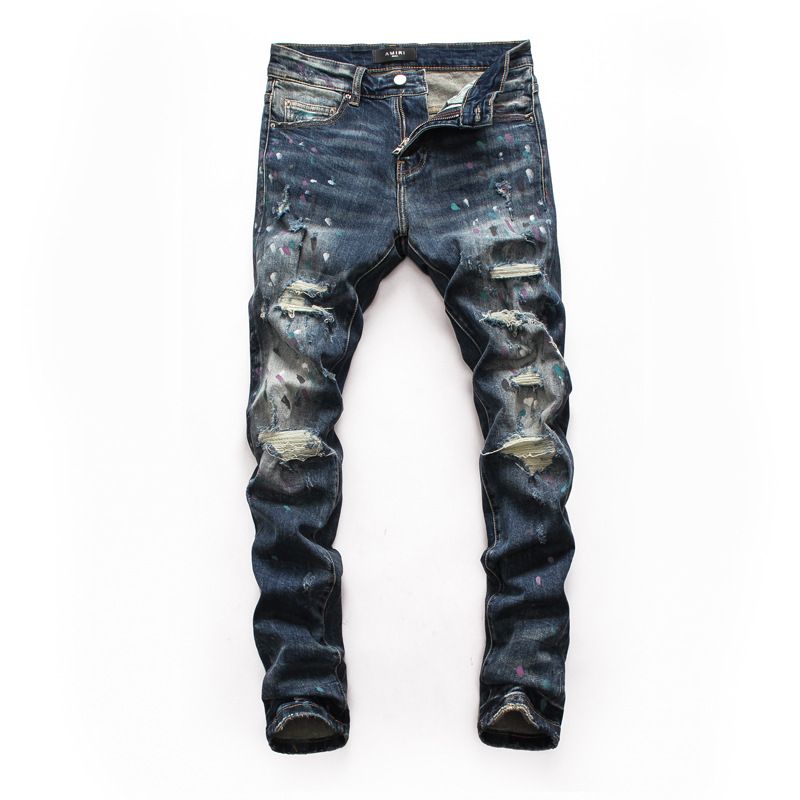 Heren Ripped Patch Jeans Jeugd Slim Broek Bikerbroek Inkjet Persoonlijkheid