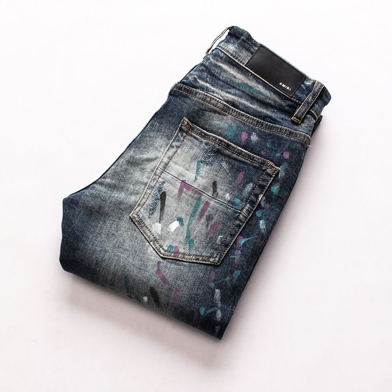 Heren Ripped Patch Jeans Jeugd Slim Broek Bikerbroek Inkjet Persoonlijkheid