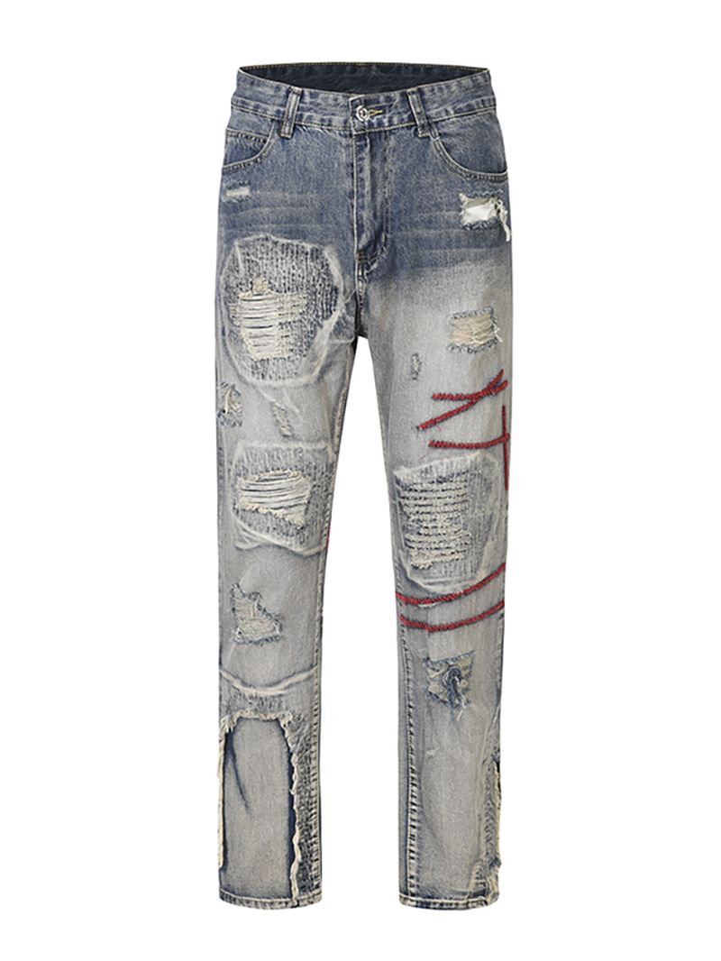 Jeans Met Rechte Pijpen En Patchwork In Rode Lijn