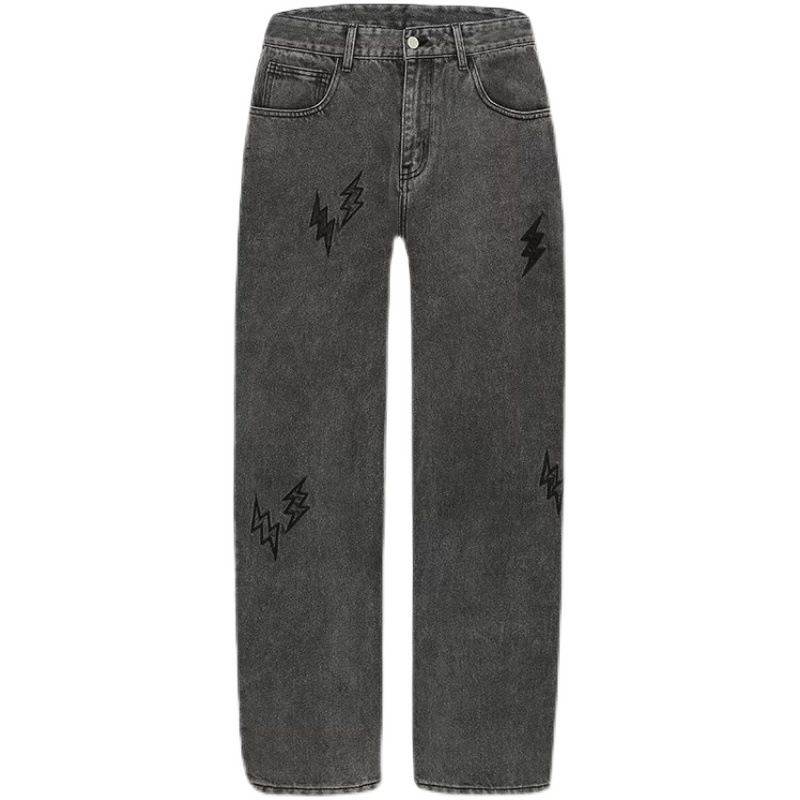 Met Bliksem Geborduurde Rechte Losse Distressed Jeans Voor Heren