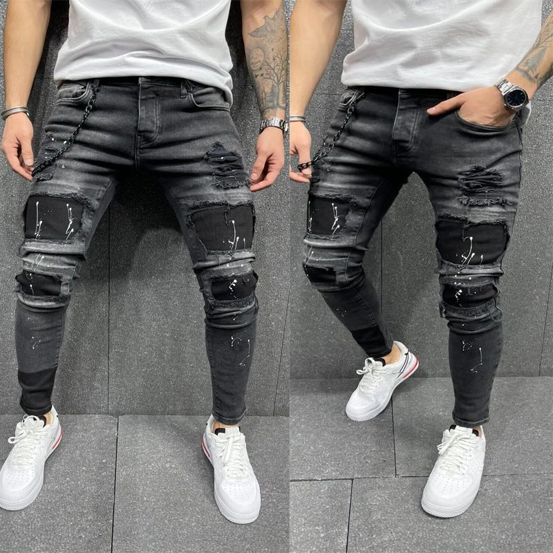 New Patch Ripped Elastic Skinny Jeans Voor Heren