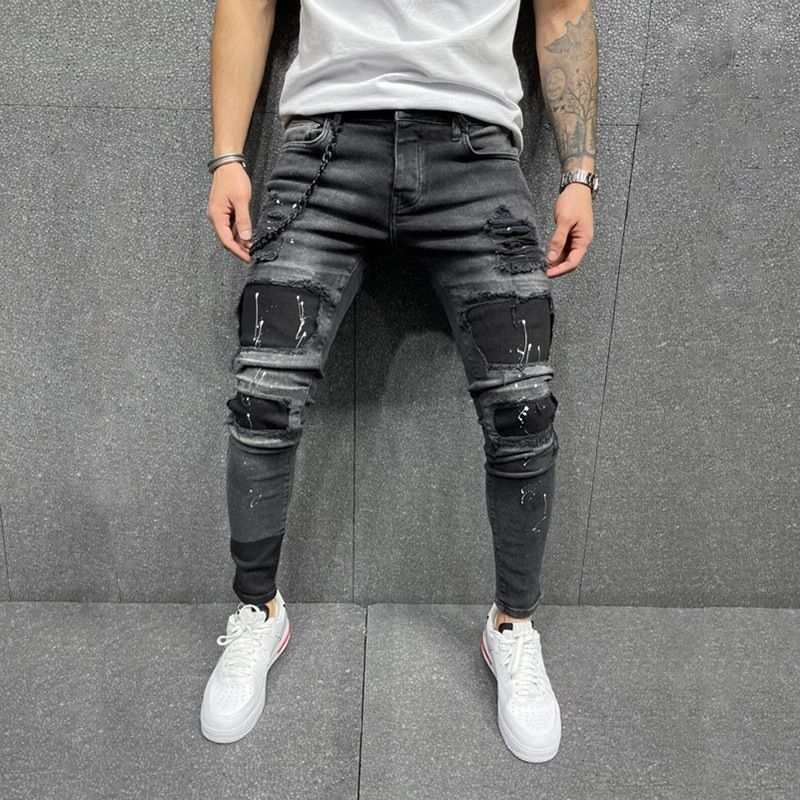 New Patch Ripped Elastic Skinny Jeans Voor Heren