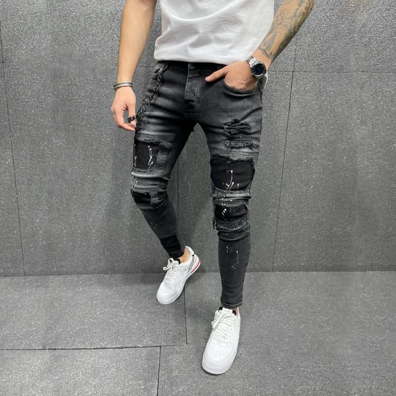 New Patch Ripped Elastic Skinny Jeans Voor Heren