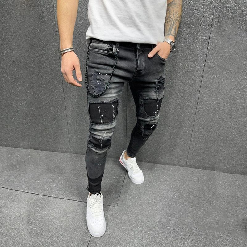 New Patch Ripped Elastic Skinny Jeans Voor Heren