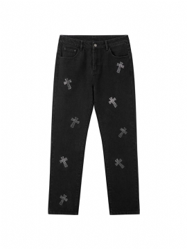 Retro Cross Hot Strass Zwarte Jeans