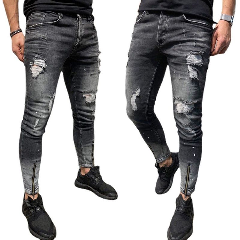 The New Cross-border Mode Ripped Youth Kleding Rits Elasticfeet Js Men