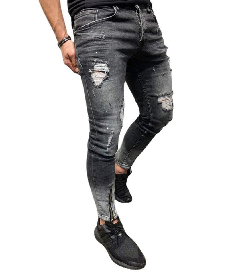 The New Cross-border Mode Ripped Youth Kleding Rits Elasticfeet Js Men