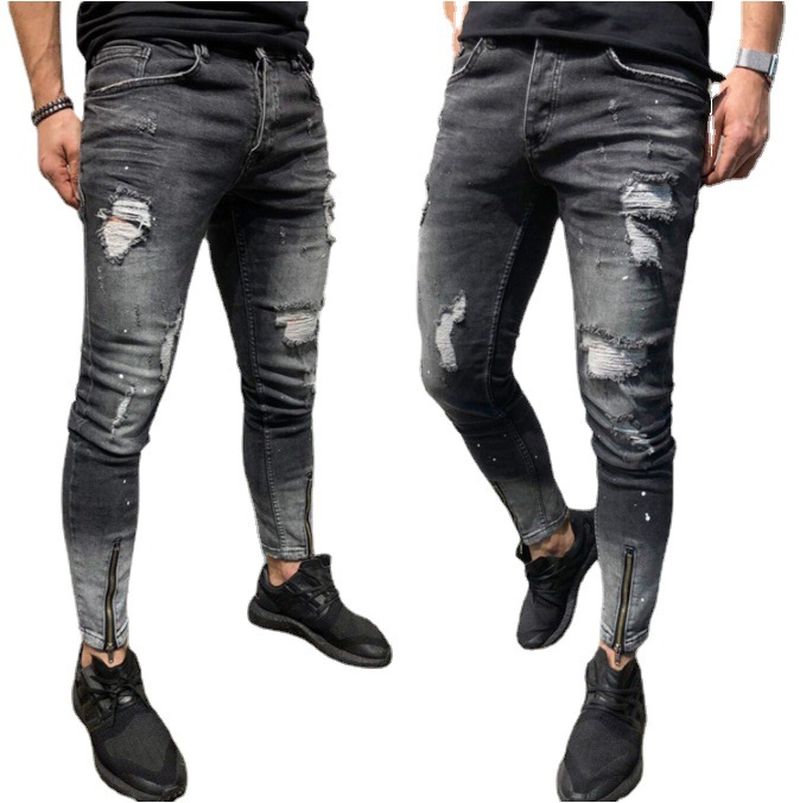 The New Cross-border Mode Ripped Youth Kleding Rits Elasticfeet Js Men