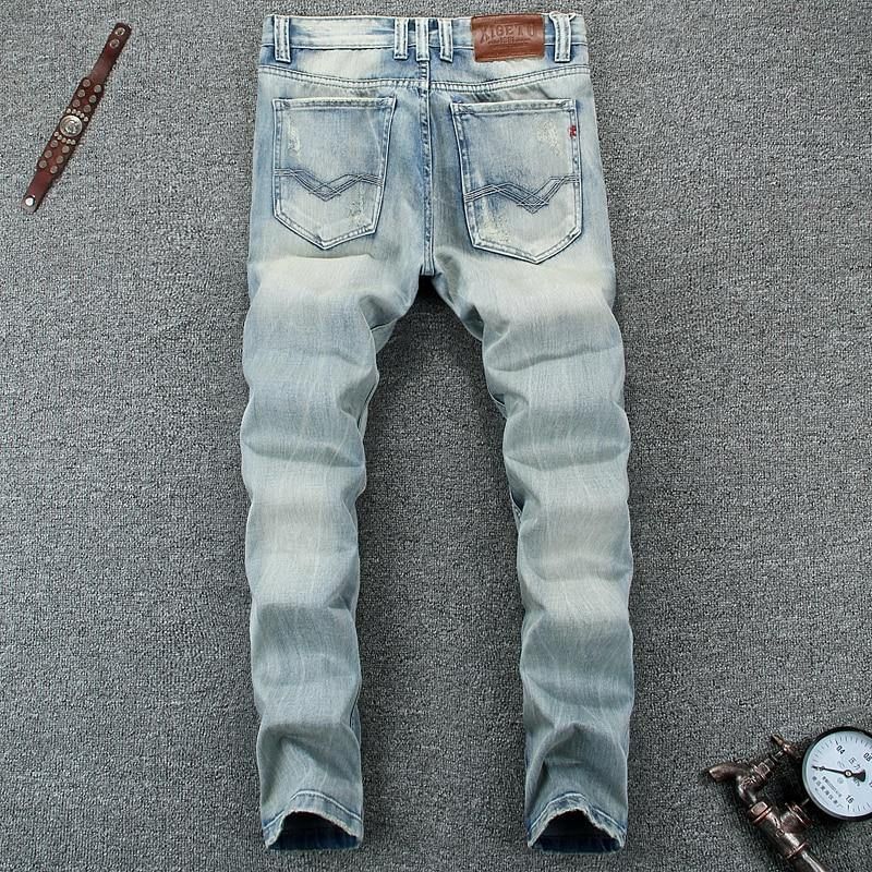 Zomer Stijl Lichtblauwe Kleur Mode Heren Jeans Hoge Kwaliteit Slim Fit Ripped Jeans Voor Mannen Knoppen Broek Merk Biker Jeans Mannen