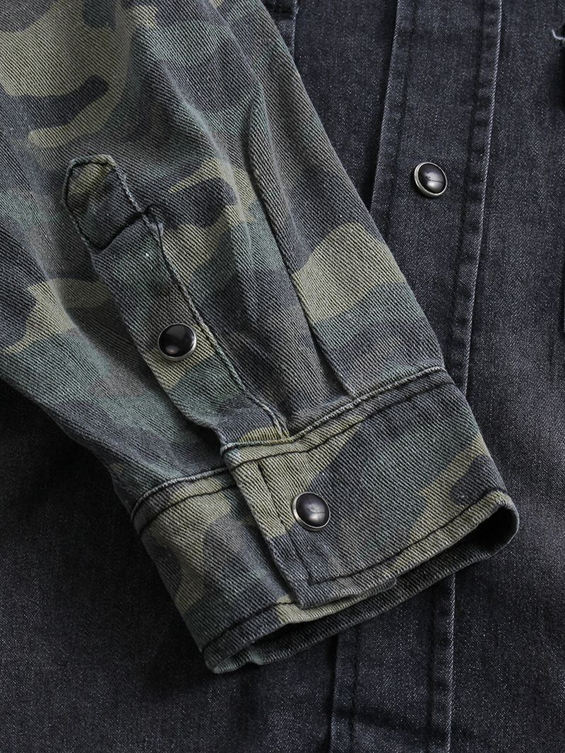 Camouflage-stiksels Voor Heren Met Lange Mouwen Persoonlijkheidstrend Denim Overhemden Met Dubbele Zak