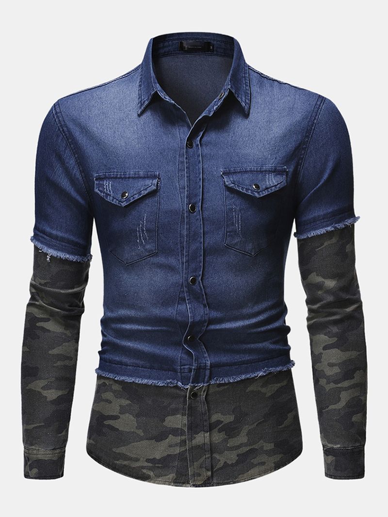 Camouflage-stiksels Voor Heren Met Lange Mouwen Persoonlijkheidstrend Denim Overhemden Met Dubbele Zak