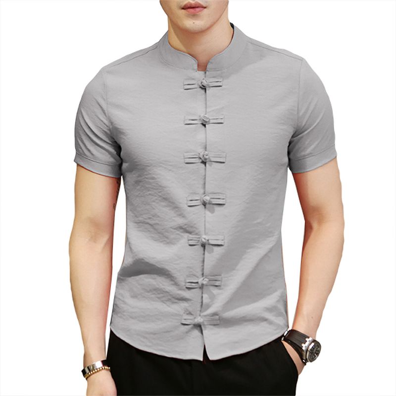 Chinese Knoopgesp Vintage Chique Mandarijn Kraag Korte Mouw Pure Kleur Shirts Voor Heren