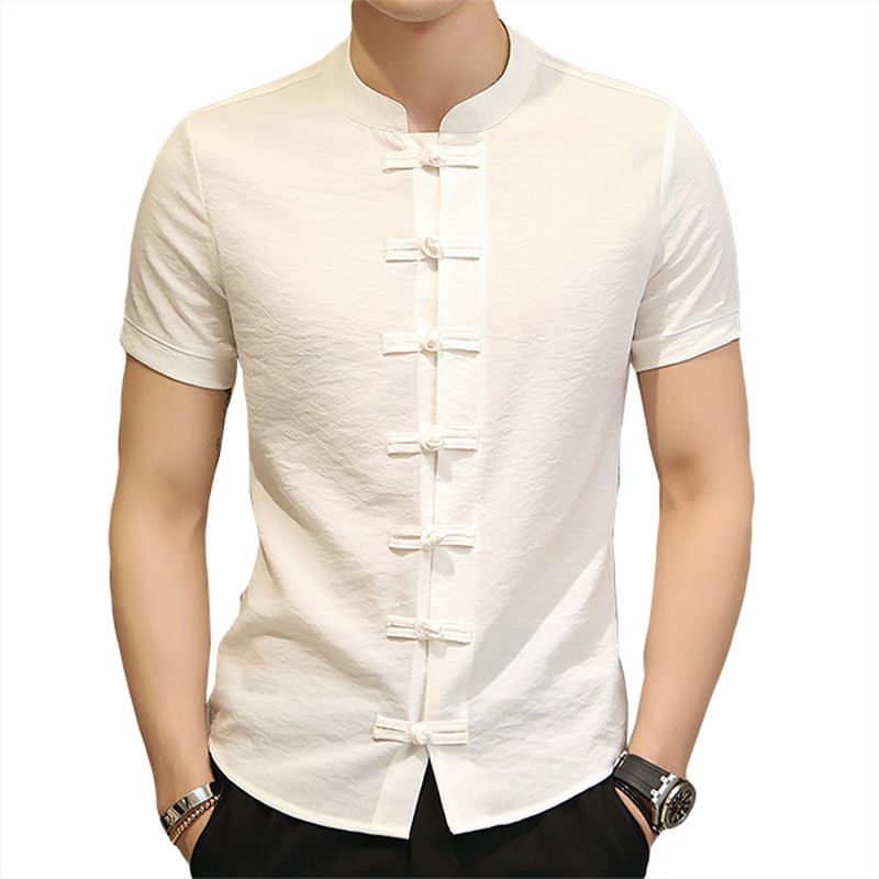 Chinese Knoopgesp Vintage Chique Mandarijn Kraag Korte Mouw Pure Kleur Shirts Voor Heren