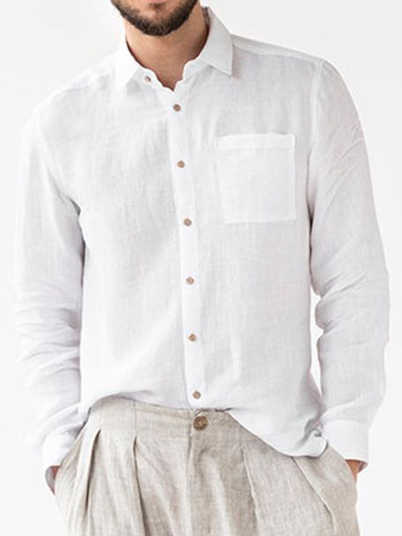 Heren 100% Katoenen Button-up Shirts Met Lange Mouwen En Effen Kleur Met Zak