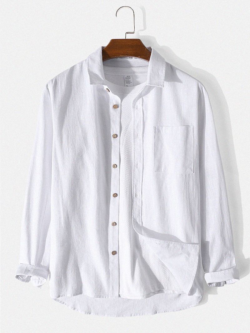 Heren 100% Katoenen Button-up Shirts Met Lange Mouwen En Effen Kleur Met Zak