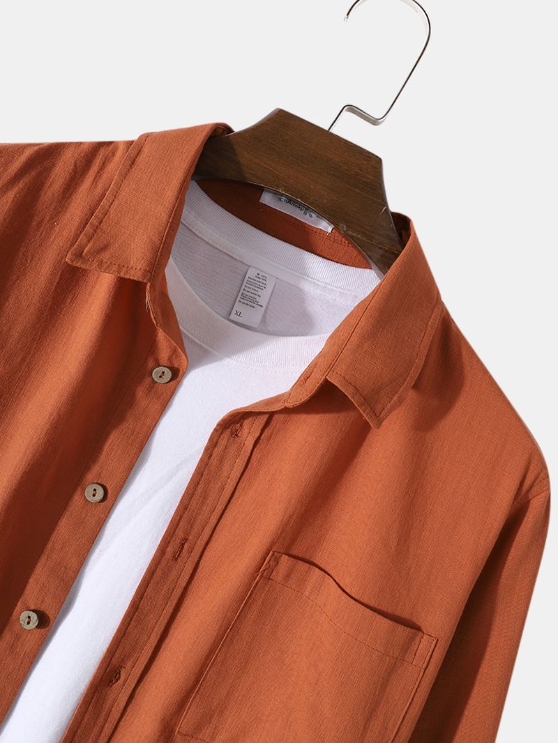 Heren 100% Katoenen Button-up Shirts Met Lange Mouwen En Effen Kleur Met Zak