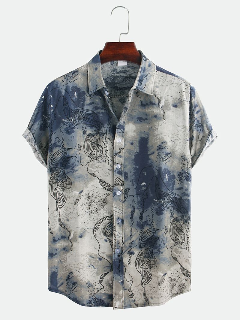 Heren Abstracte Bedrukte Casual Shirts Met Korte Mouwen En Kraag Met Kraag