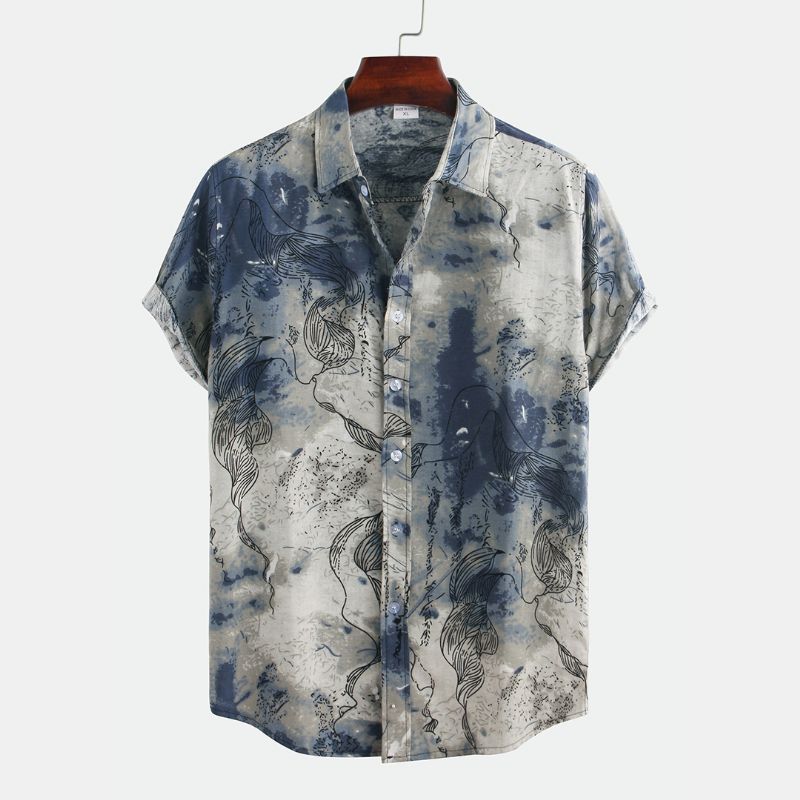 Heren Abstracte Bedrukte Casual Shirts Met Korte Mouwen En Kraag Met Kraag