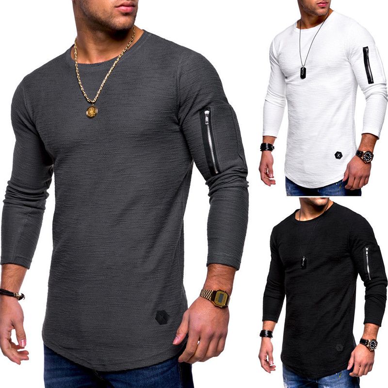 Heren Ademend Effen Kleur Onregelmatige Zoom Rits O-hals Lange Mouw Slanke Casual T-shirts