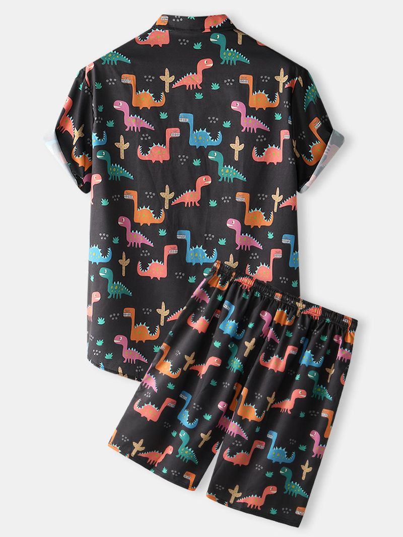 Heren All-over Cartoon Dinosaurus Print Tweedelige Outfits Met Korte Mouwen En Trekkoord