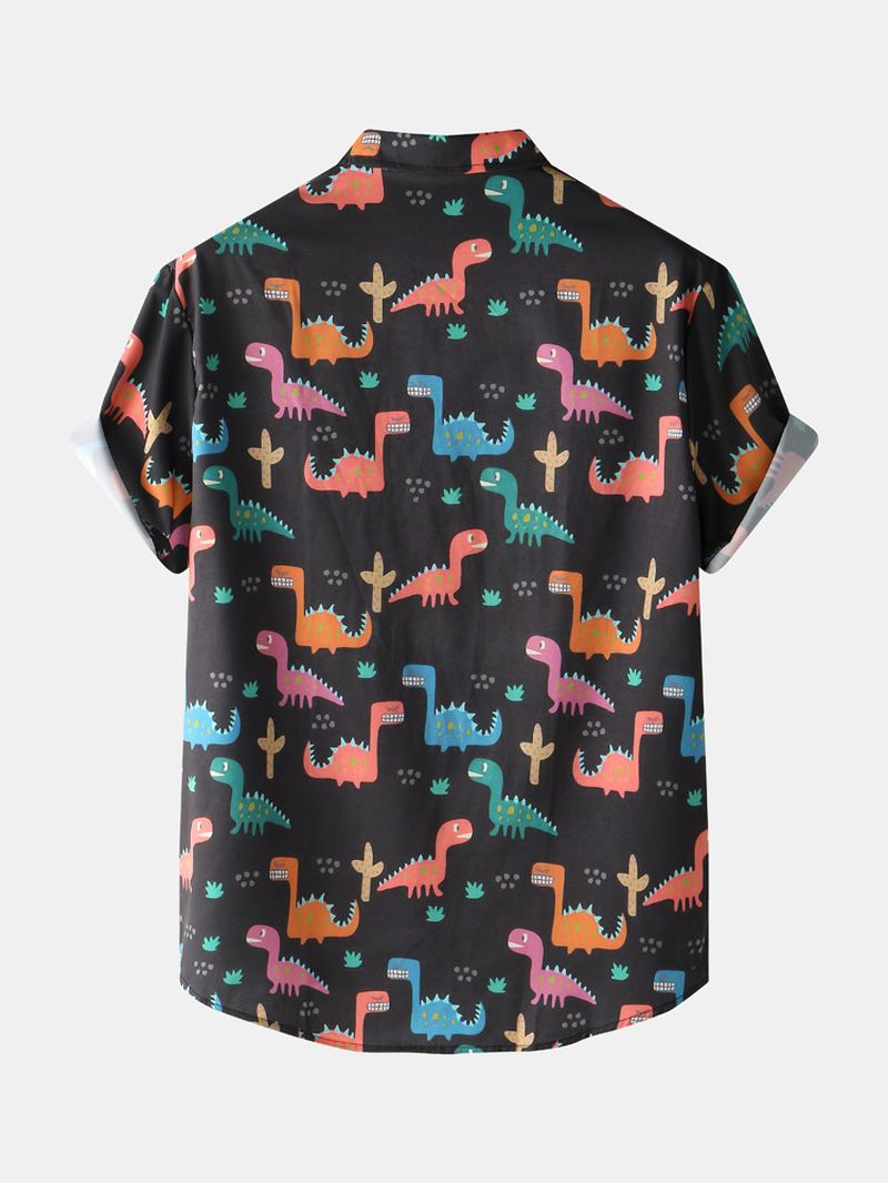 Heren All-over Cartoon Dinosaurus Print Tweedelige Outfits Met Korte Mouwen En Trekkoord