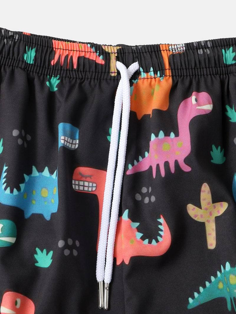 Heren All-over Cartoon Dinosaurus Print Tweedelige Outfits Met Korte Mouwen En Trekkoord