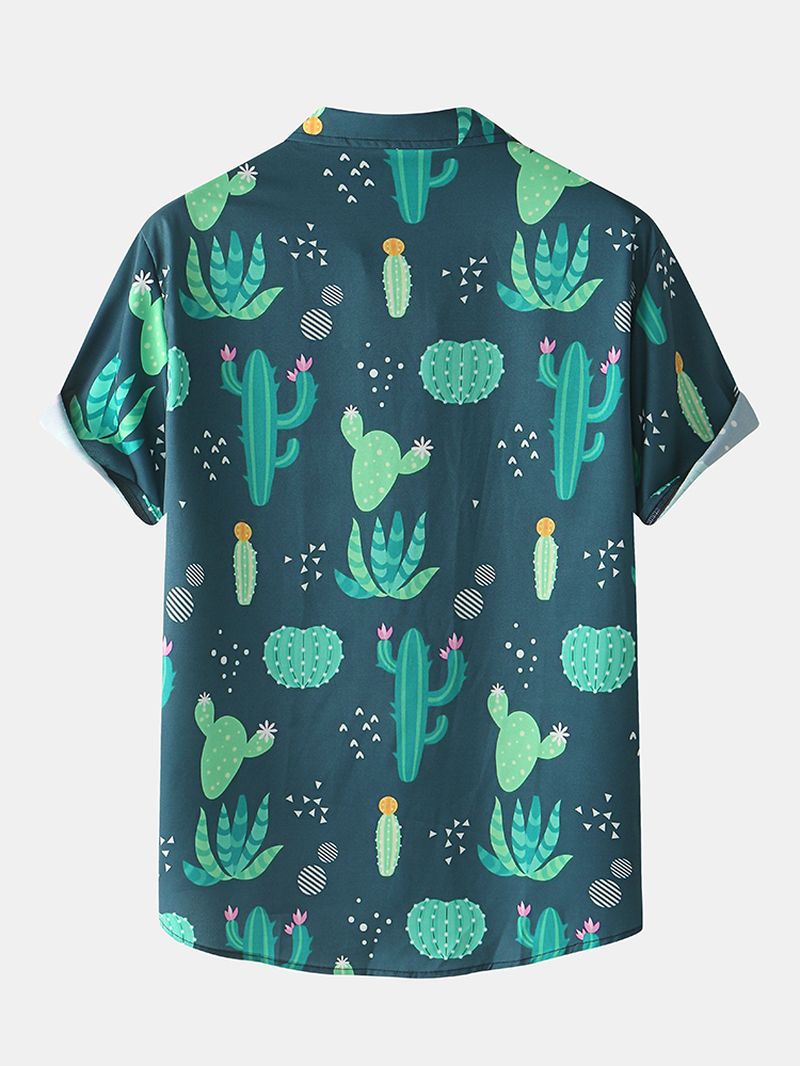 Heren Cactus Plant Print Revers Trekkoord Shorts Vakantie Tweedelige Outfits
