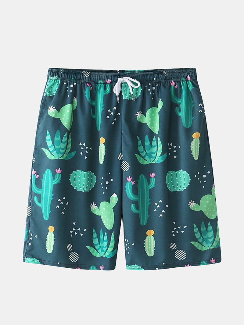 Heren Cactus Plant Print Revers Trekkoord Shorts Vakantie Tweedelige Outfits