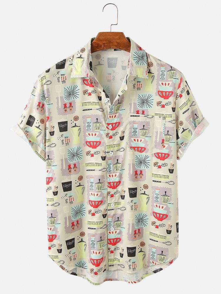 Heren Cartoon Container Print Turn-down Kraag Shirts Met Korte Mouwen